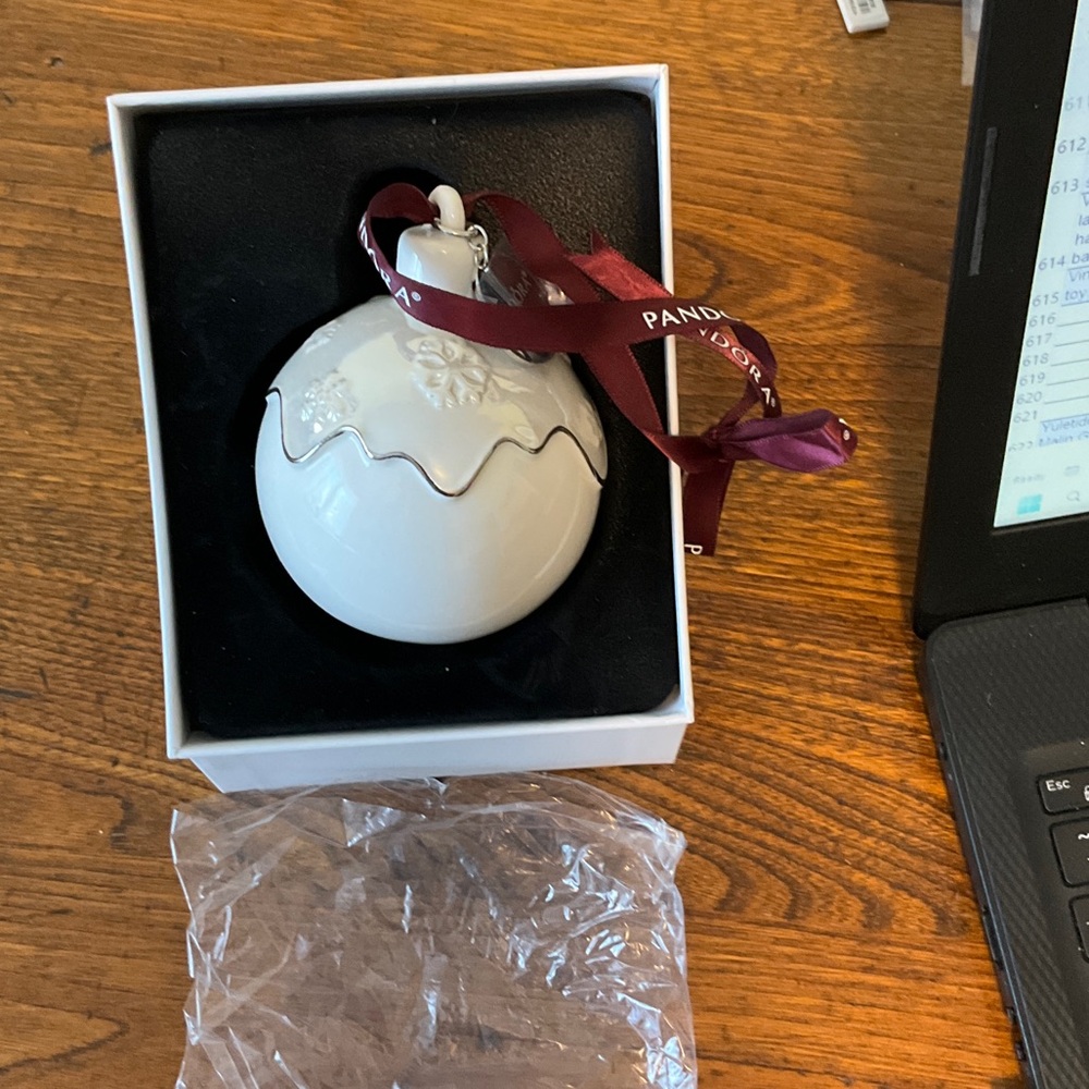 Pandora White Ceramic Ornament with Burgundy Ribbon